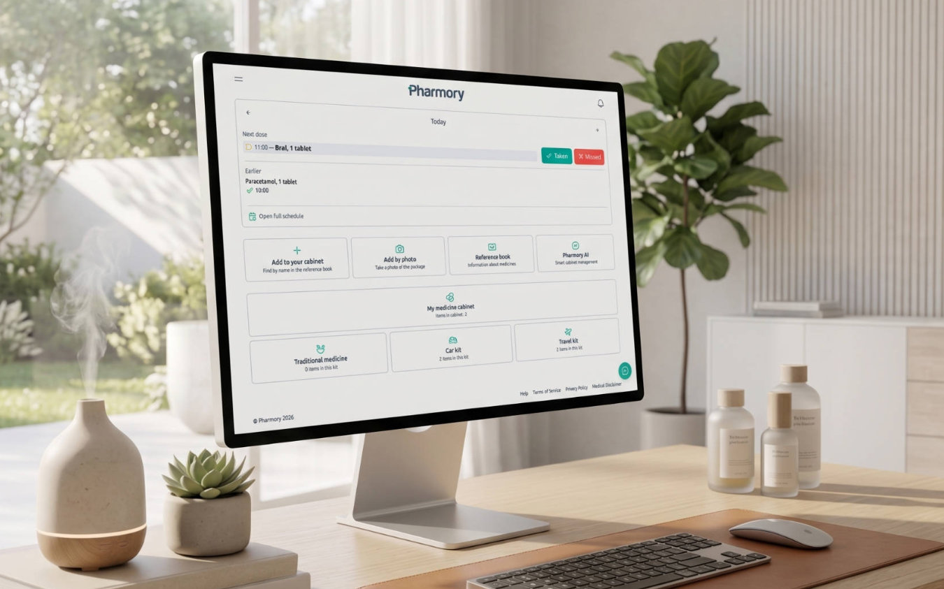 Pharmory app on a desktop monitor: daily medicine schedule and medicine cabinet overview